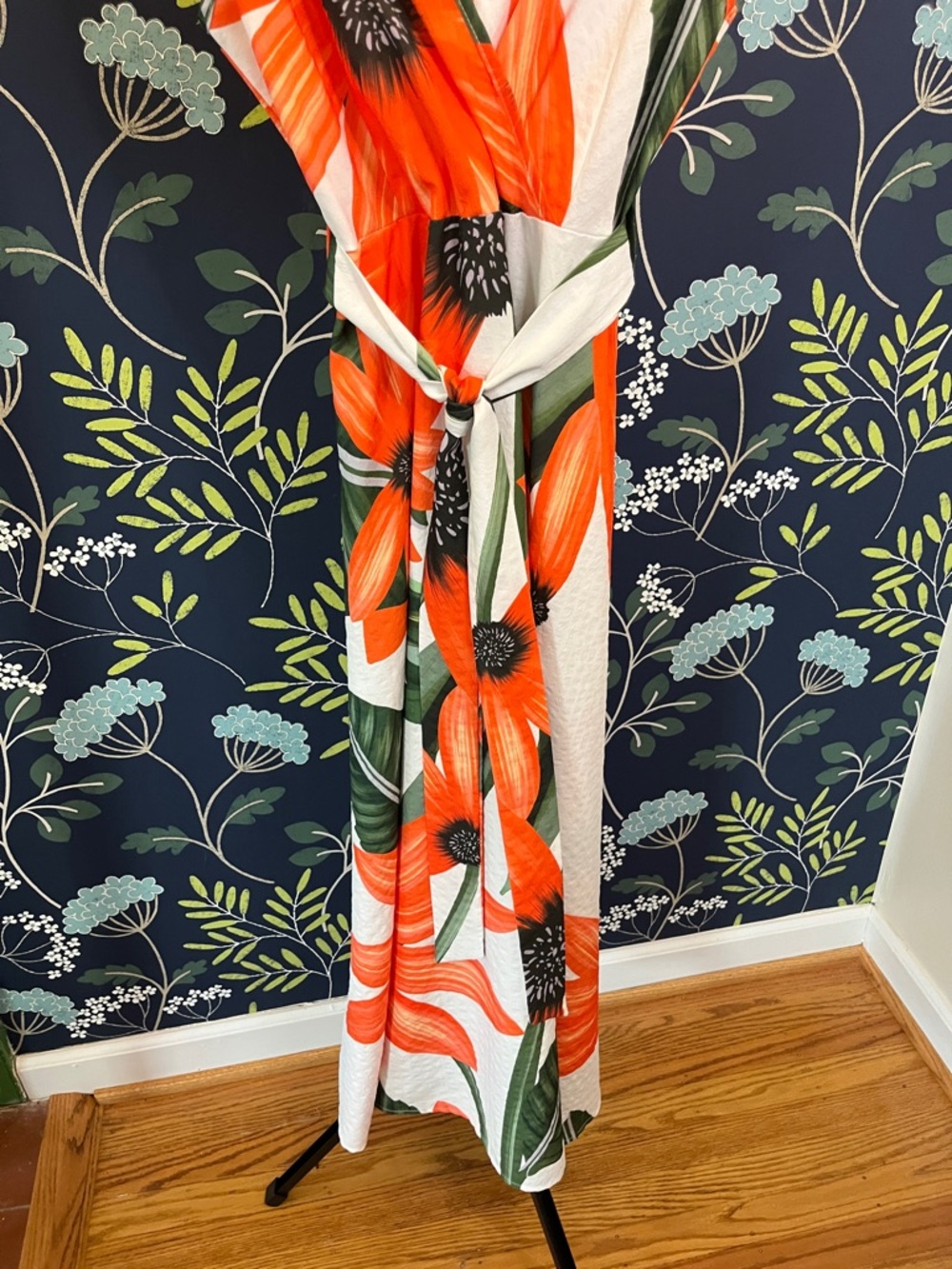 Floral Wrap Midi Dress Orange Green Tropical Print Sleeveless Tie Waist V Neck - Picture 4 of 7